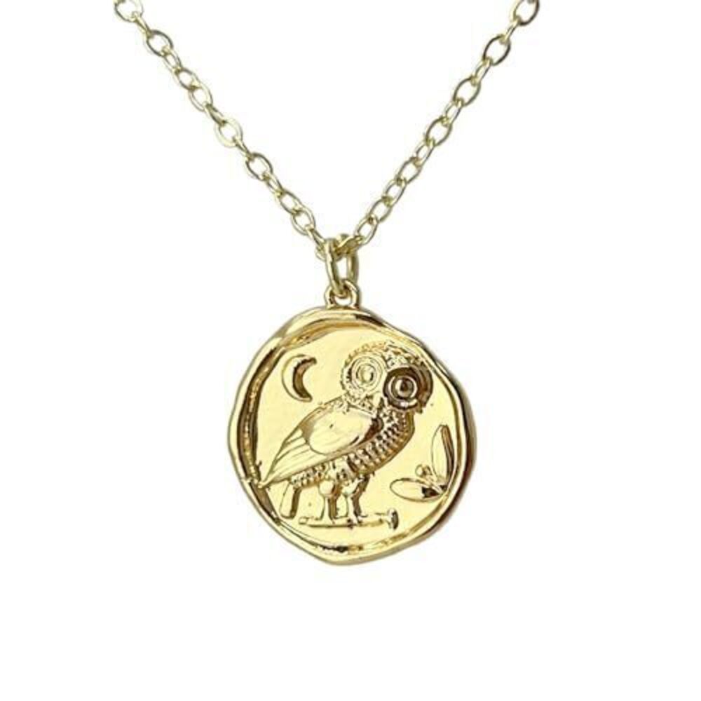 2539 Gold coin necklace , athena necklace owl 14K gold plated jewelry